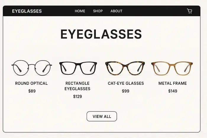Template of eyewear catalog for Ecommerce.