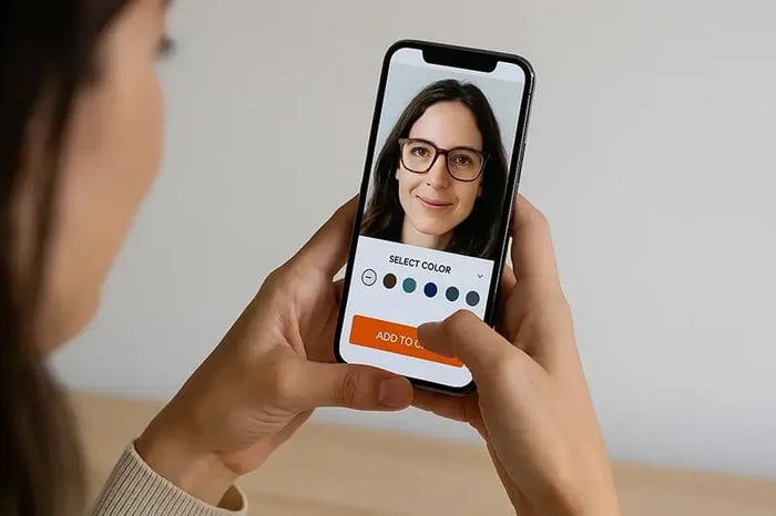 Woman using virtual try-on app on smartphone to test eyeglass frames and select frame color.