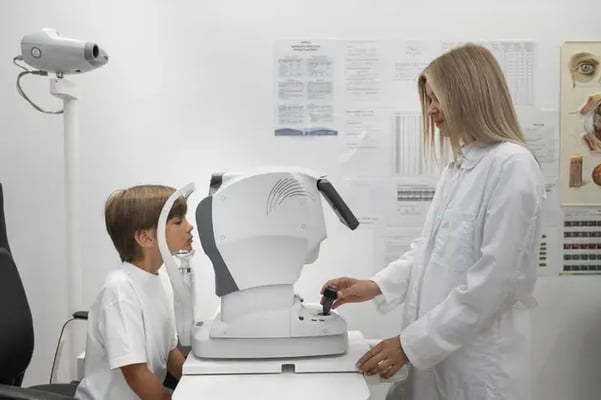 Optometrist testing a child’s eyes with an autorefractor.