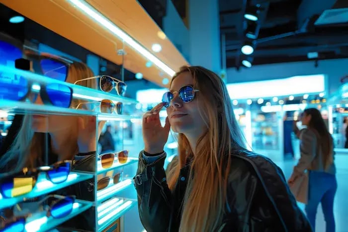 Customer exploring sunglasses collection in eyewear store enhanced by in-store technology for better shopping experience.
