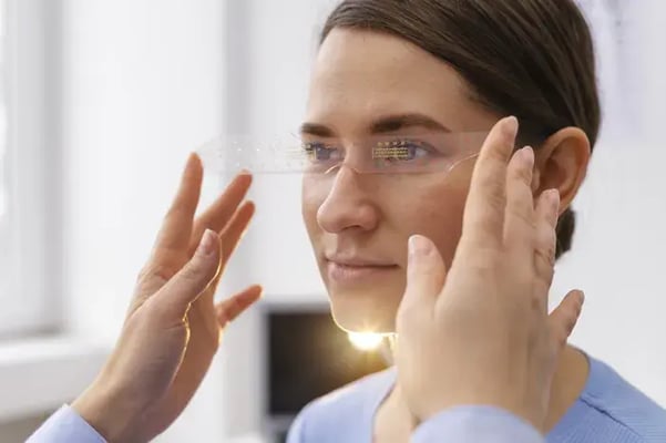Optician measuring a woman’s pupillary distance (PD) with a transparent ruler.