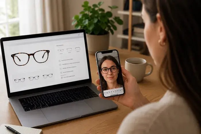 Cliente usando prueba virtual para comparar gafas en una tienda Shopify de gafas y reducir devoluciones de productos