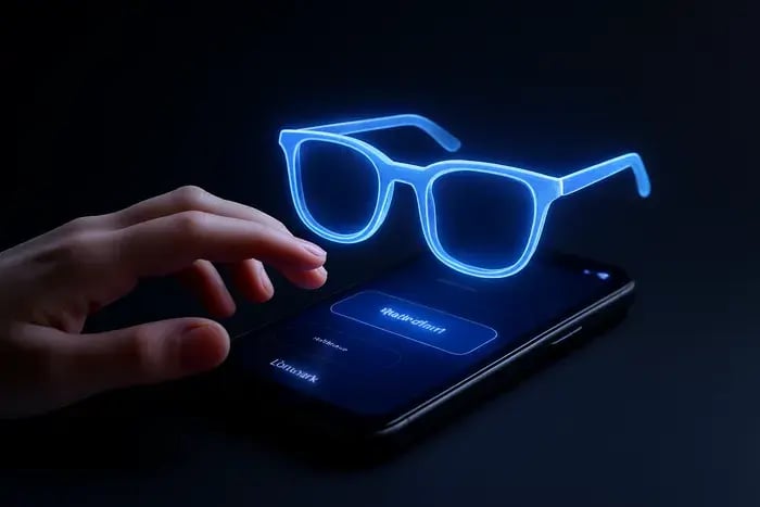 Monture de lunettes en affichage holographique digital sur smartphone.